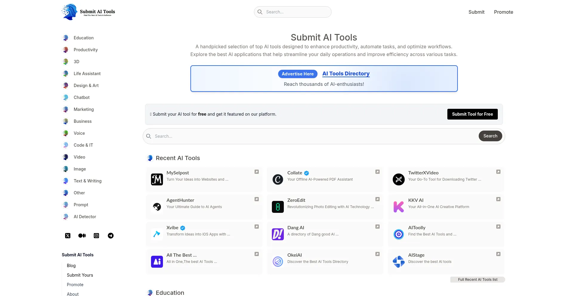 Website screenshot of Submitaitools.org