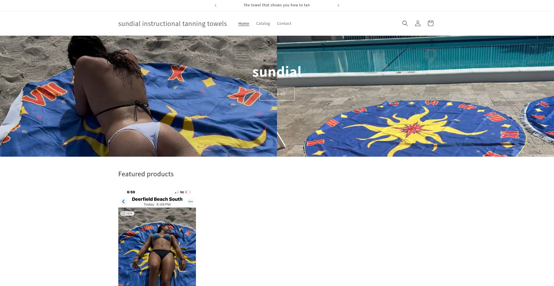 Website screenshot of Sundialinstructionaltanningtowel.myshopify.com