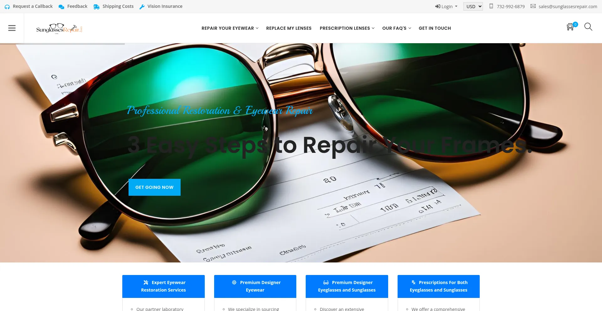 Website screenshot of Sunglassesrepair.com