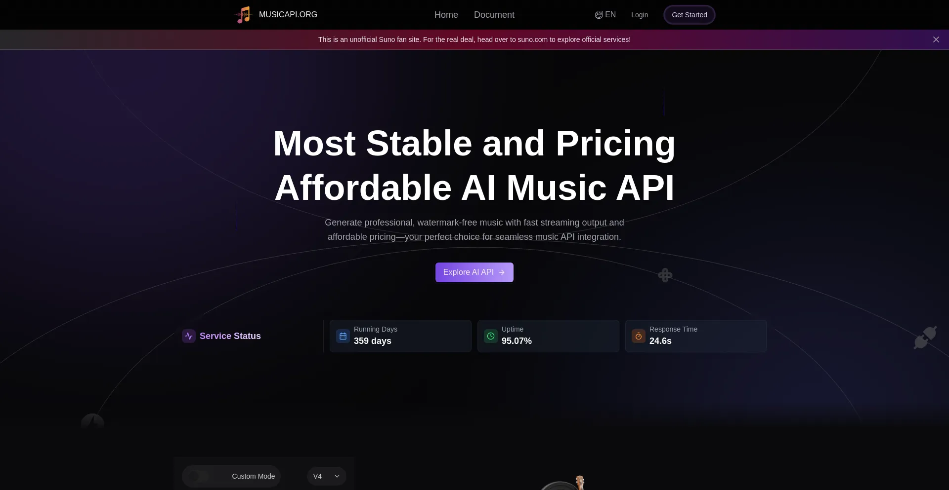 Website screenshot of Sunoapi.org