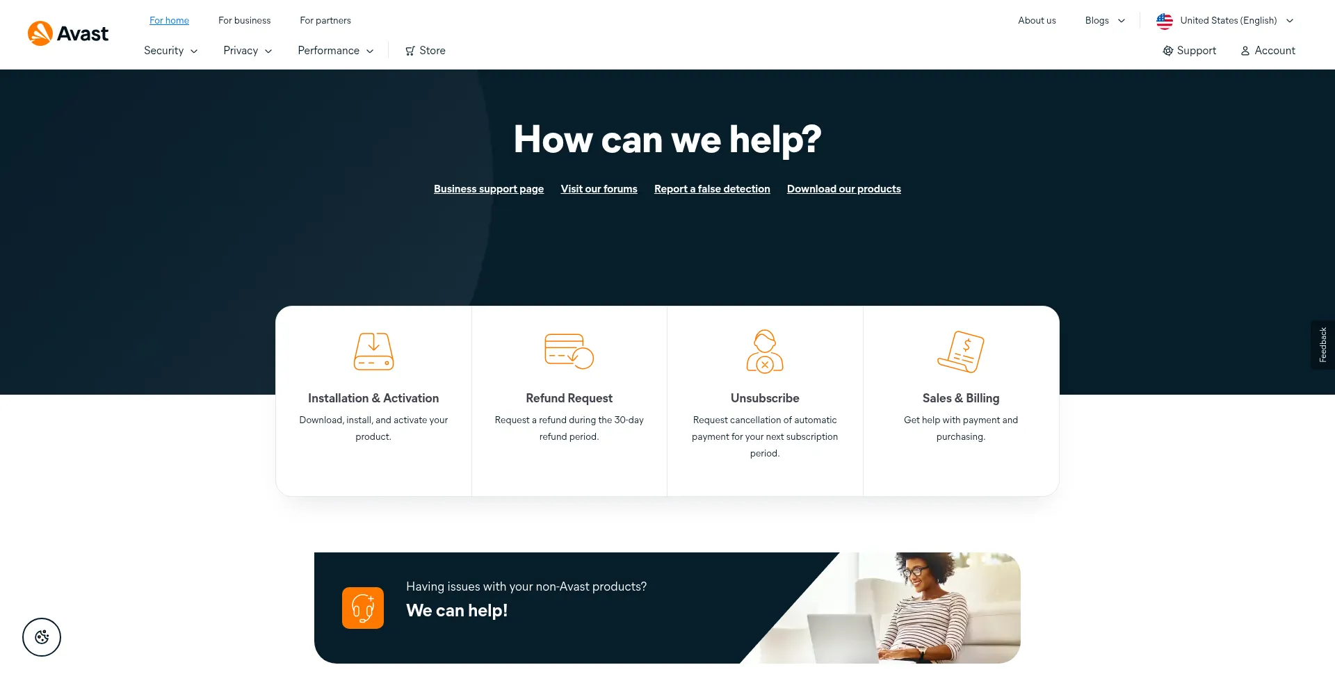 Website screenshot of Support.avast.com