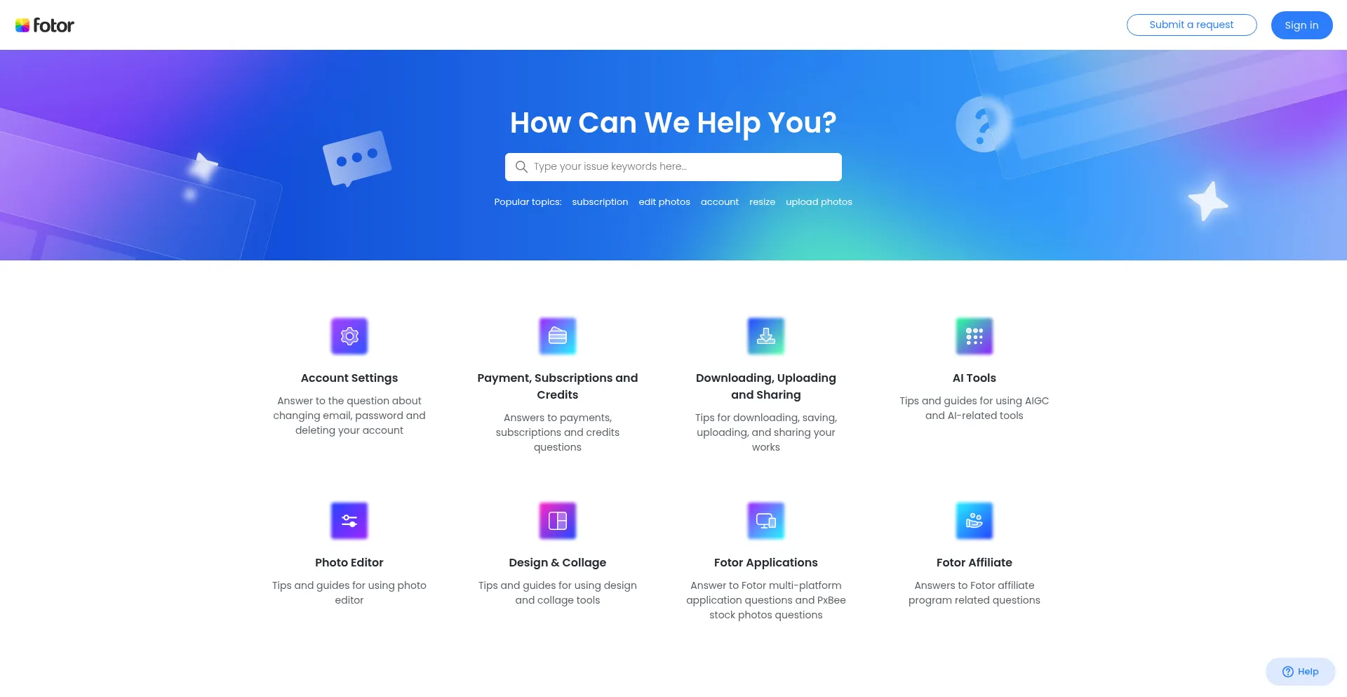 Website screenshot of Support.fotor.com