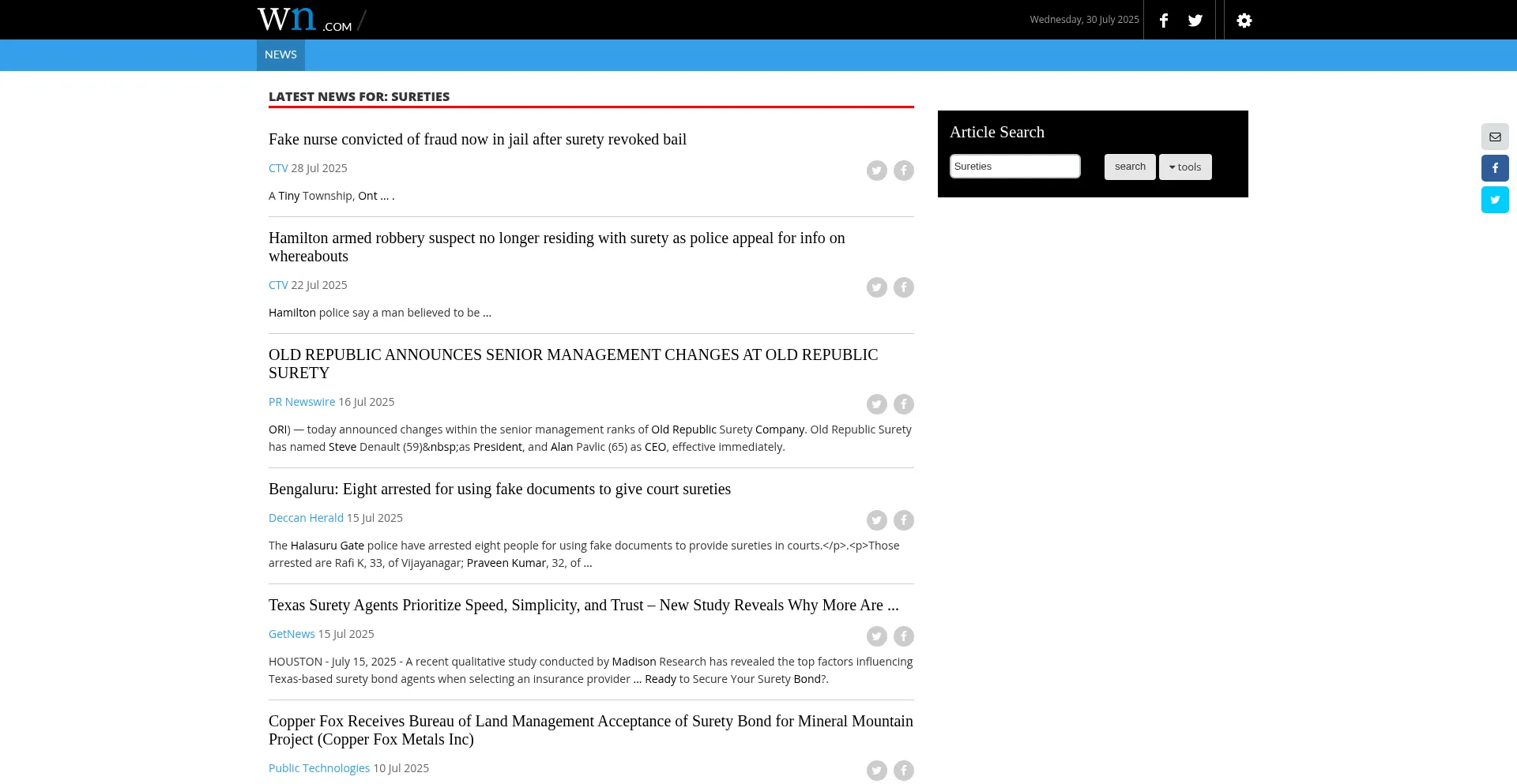 Website screenshot of Sureties.com