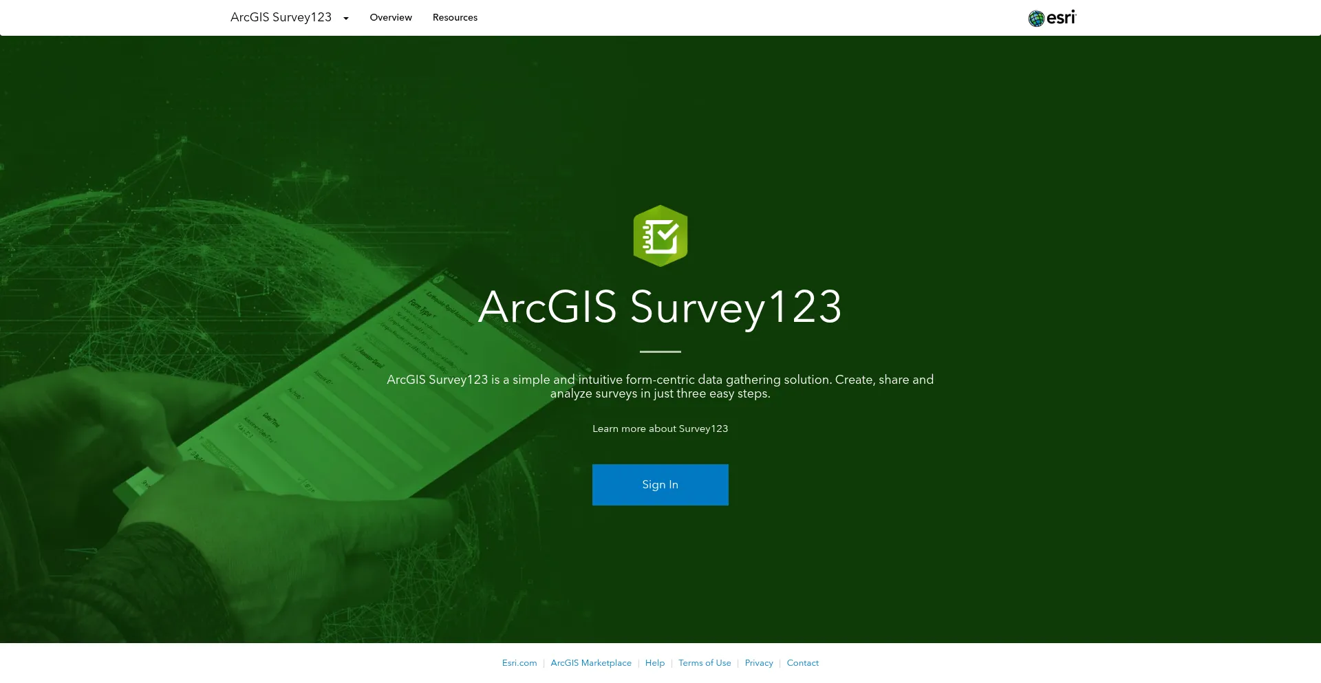 Website screenshot of Survey123.arcgis.com
