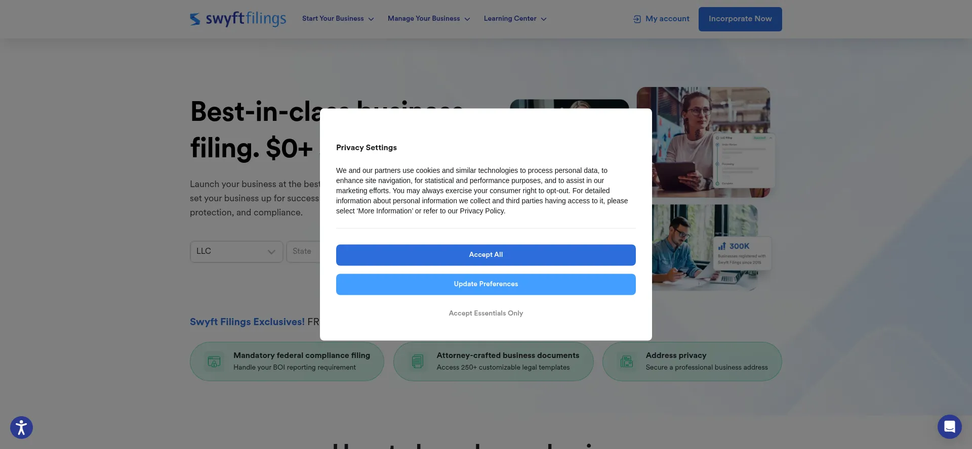 Website screenshot of Swyftfilings.com