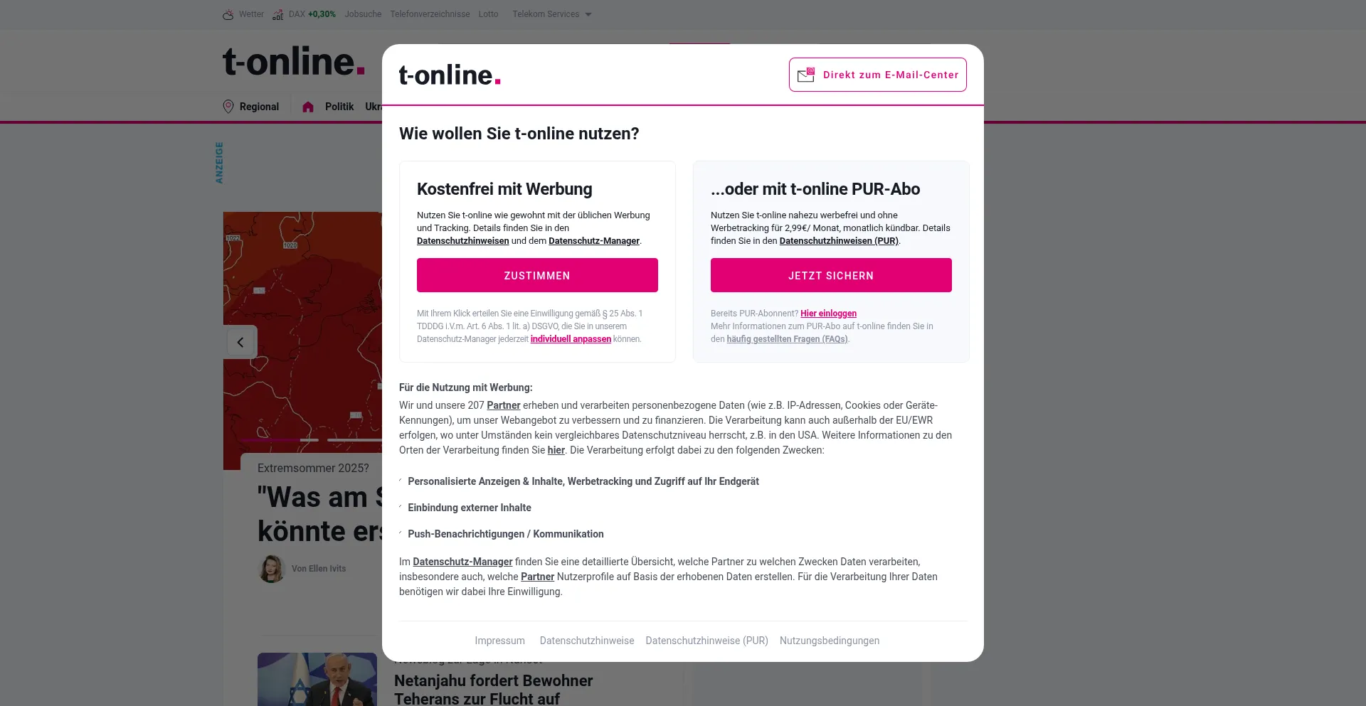 Website screenshot of T-online.be