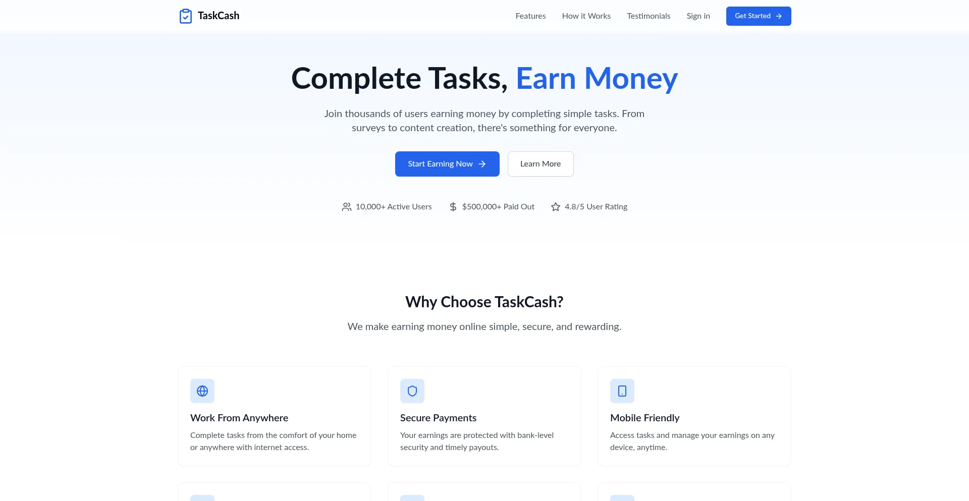 Website screenshot of Taskcash.org