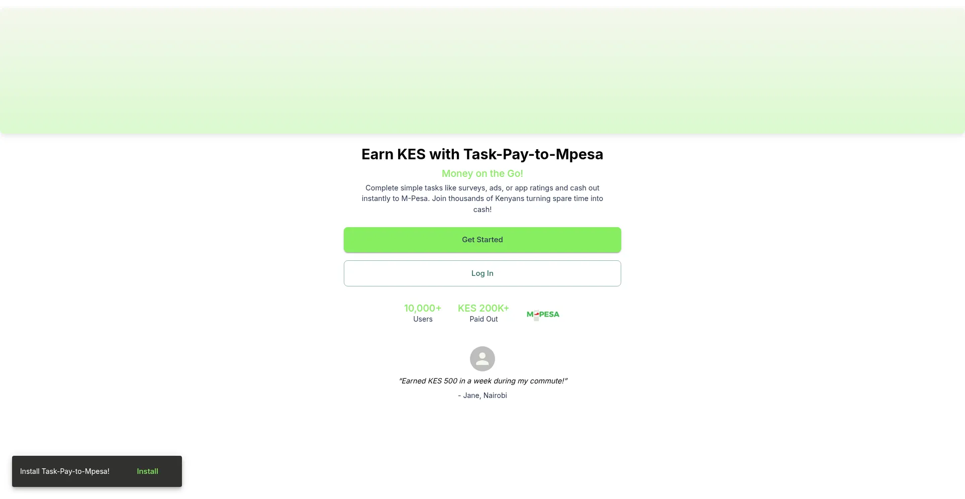 Website screenshot of Taskspay-to-mpesa.vercel.app