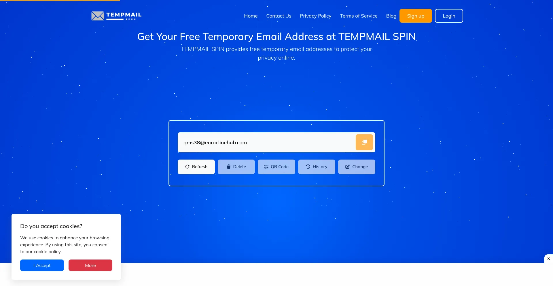 Website screenshot of Tempmailspin.com