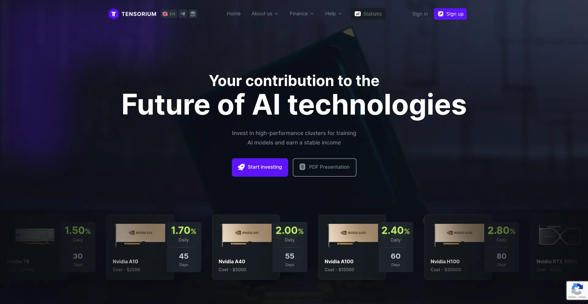 Website screenshot of Tensorium.ai
