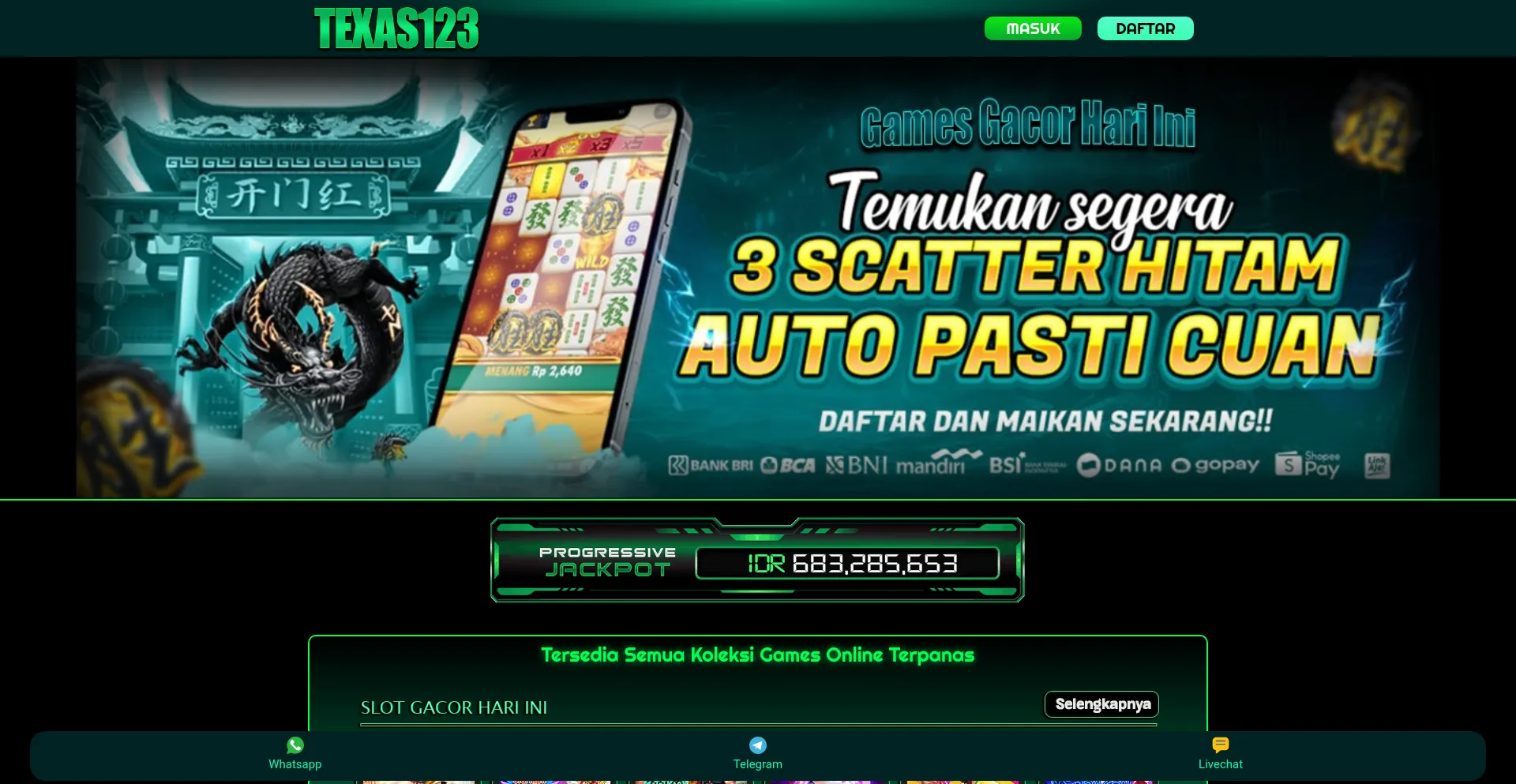 Website screenshot of Texas123slot.com