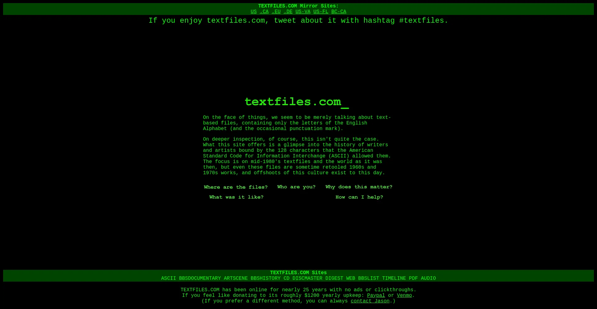 Website screenshot of Textfiles.com