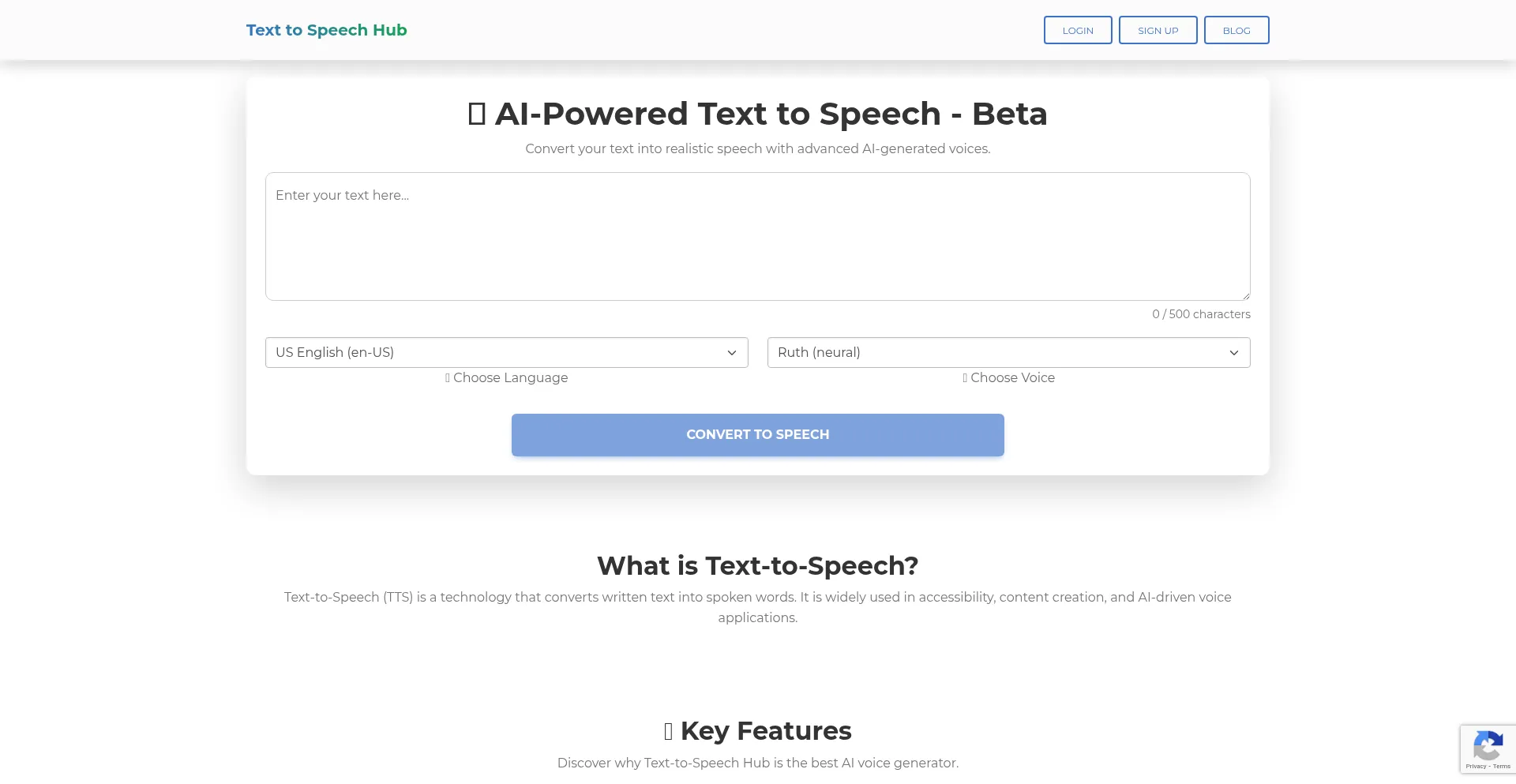 Website screenshot of Texttospeechhub.com