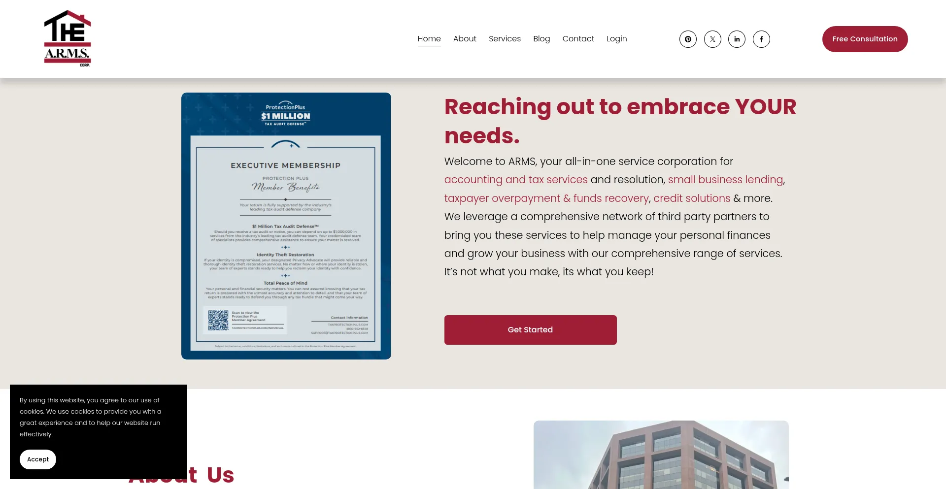 Website screenshot of Thearmscorp.co