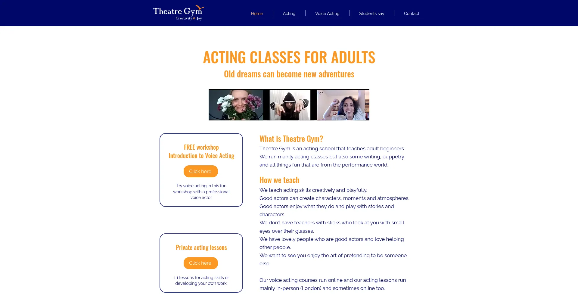 Website screenshot of Theatregym.co.uk