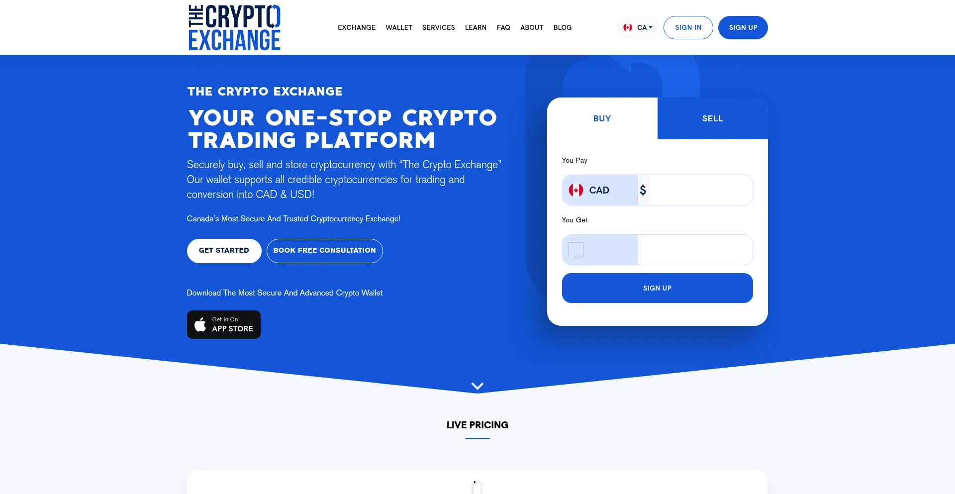 Website screenshot of Thecryptoexchange.ca