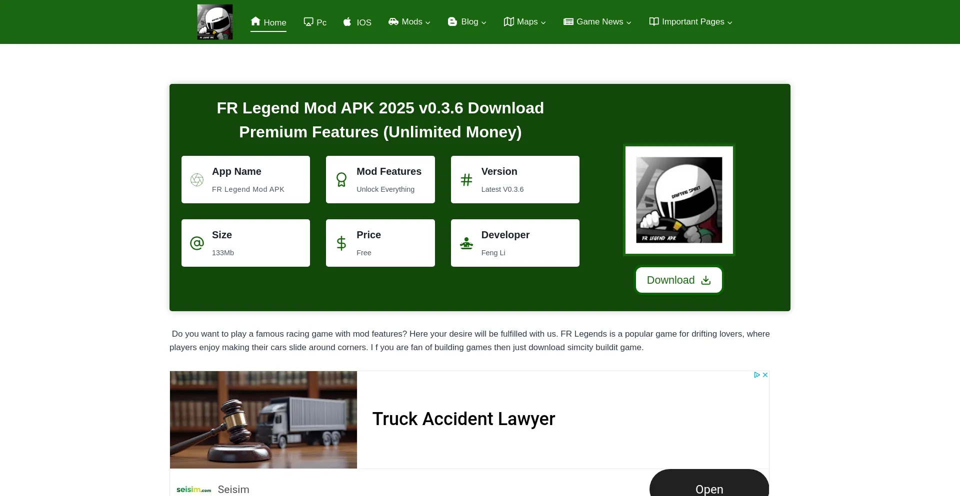Website screenshot of Thefrlegendapk.com