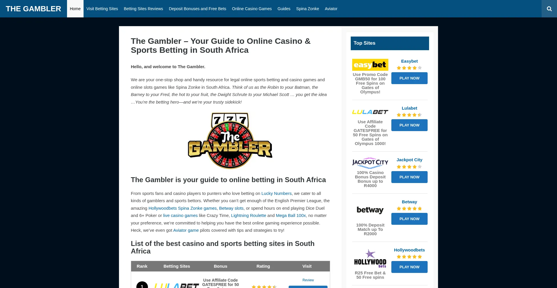 Website screenshot of Thegambler.co.za
