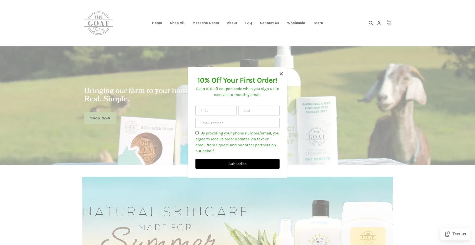 Website screenshot of Thegoatfarmskincare.com