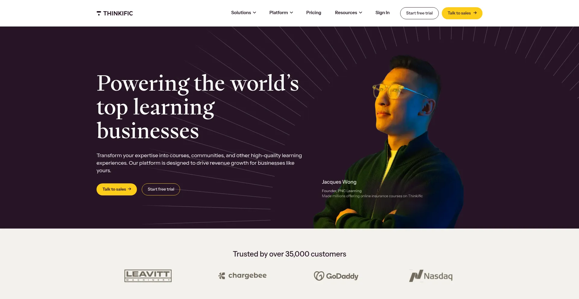 Website screenshot of Thinkific.com
