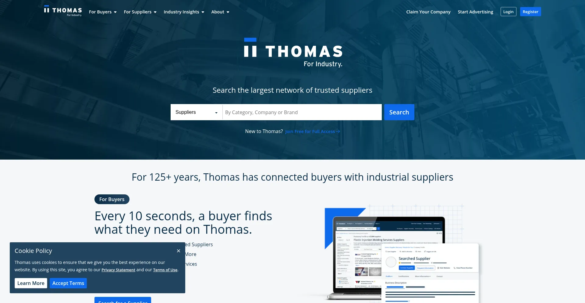 Website screenshot of Thomasnet.com