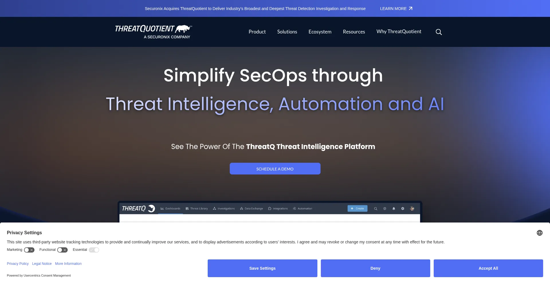 Website screenshot of Threatq.com