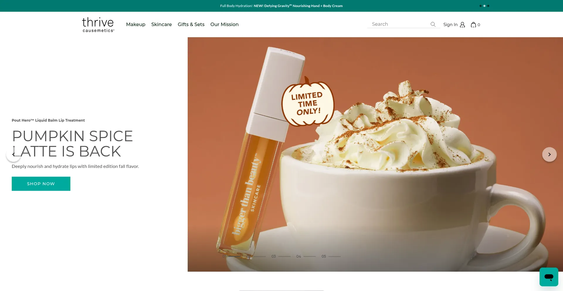 Website screenshot of Thrivecausemetics.com