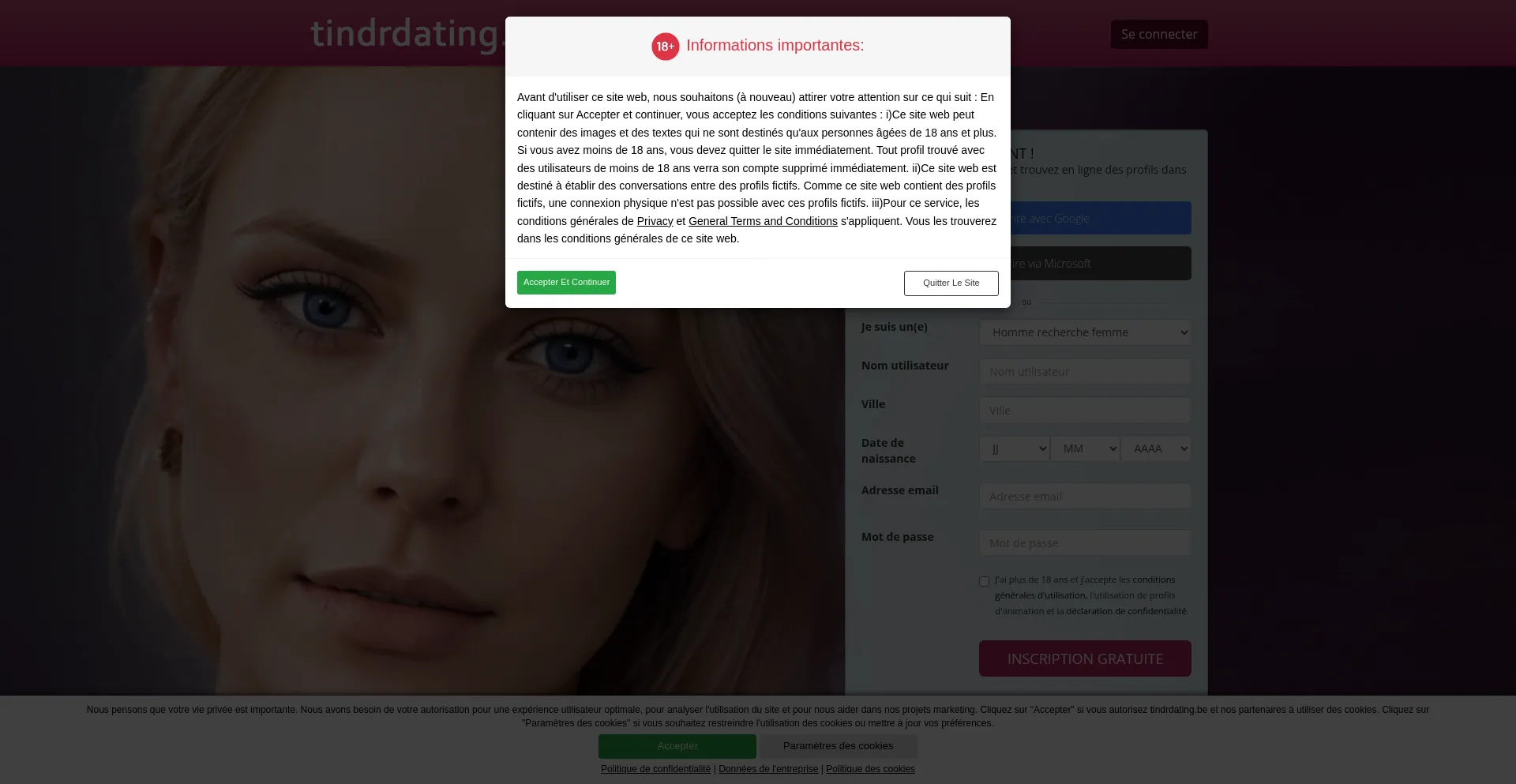 Website screenshot of Tindrdating.be