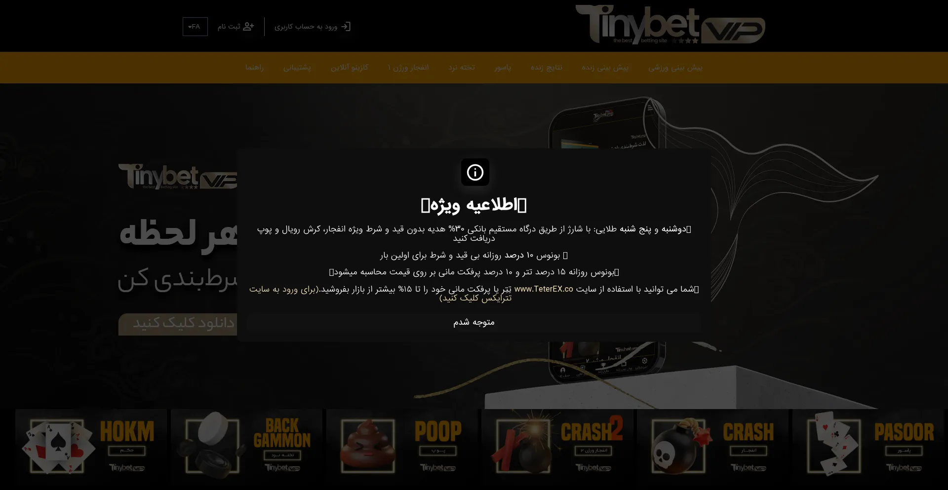 Website screenshot of Tinybetvip.com