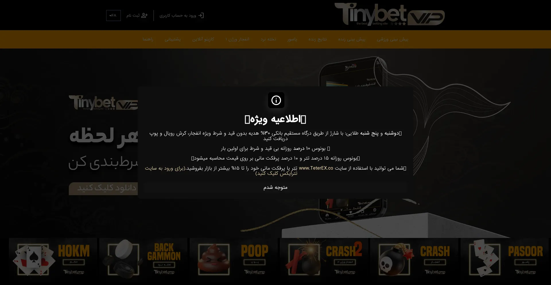 Website screenshot of Tinybetvip.org