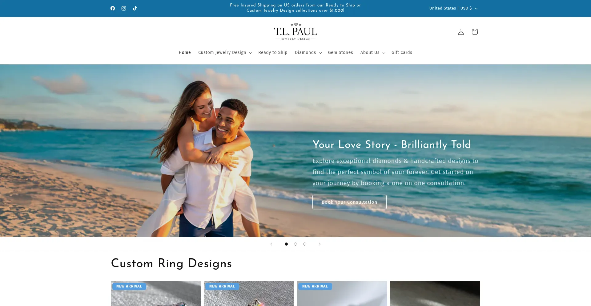 Website screenshot of Tlpauljewelrydesign.com