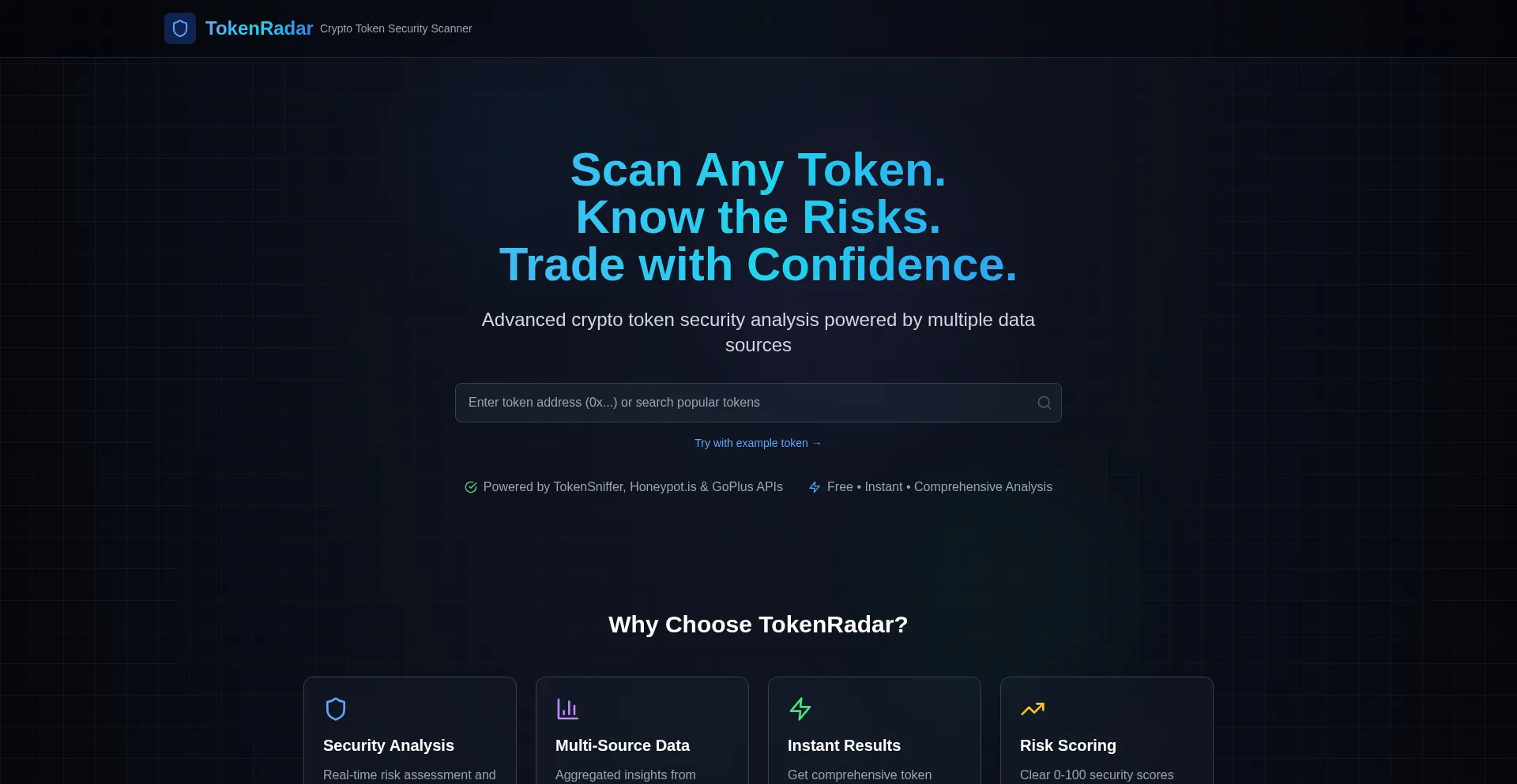 Website screenshot of Tokenradar.live
