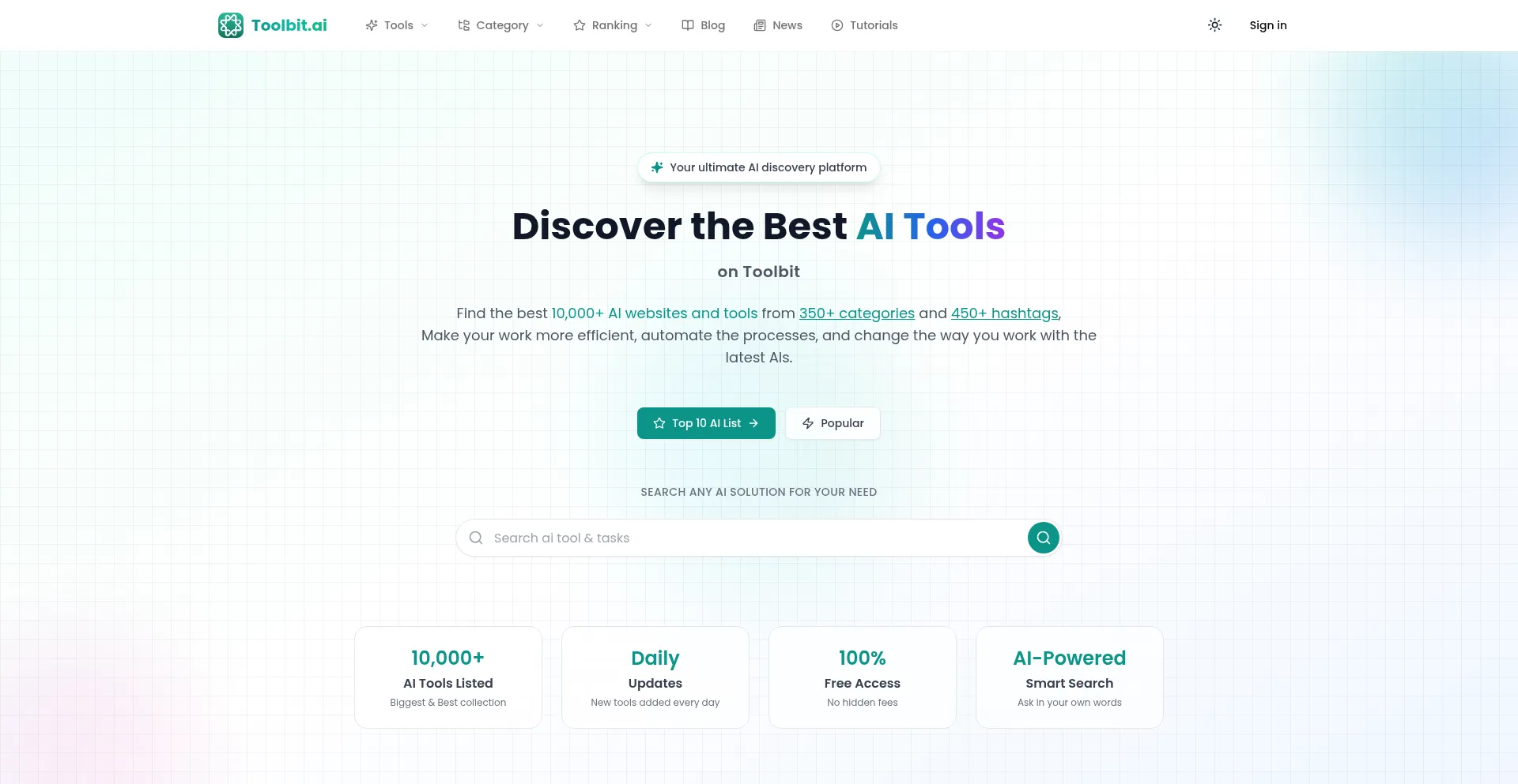 Website screenshot of Toolbit.ai