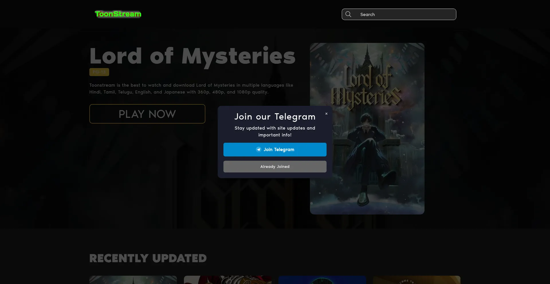 Website screenshot of Toonstream.live