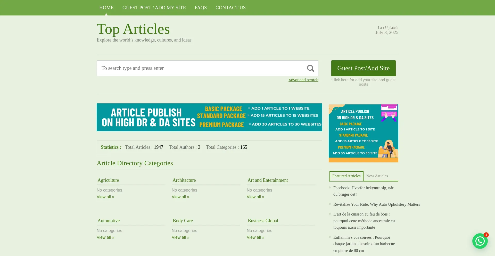 Website screenshot of Toparticlesdirectory.com