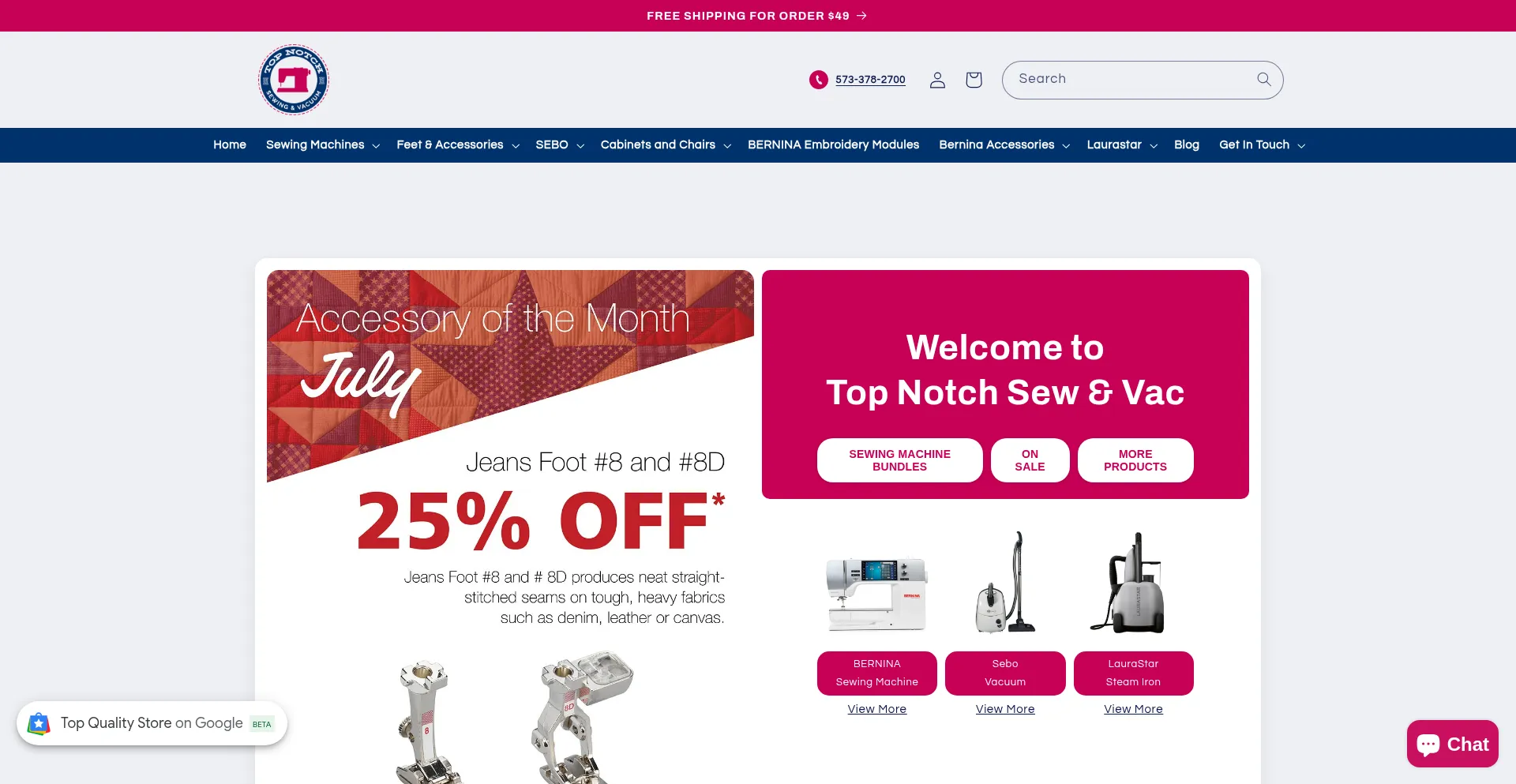 Website screenshot of Topnotchsewvac.com