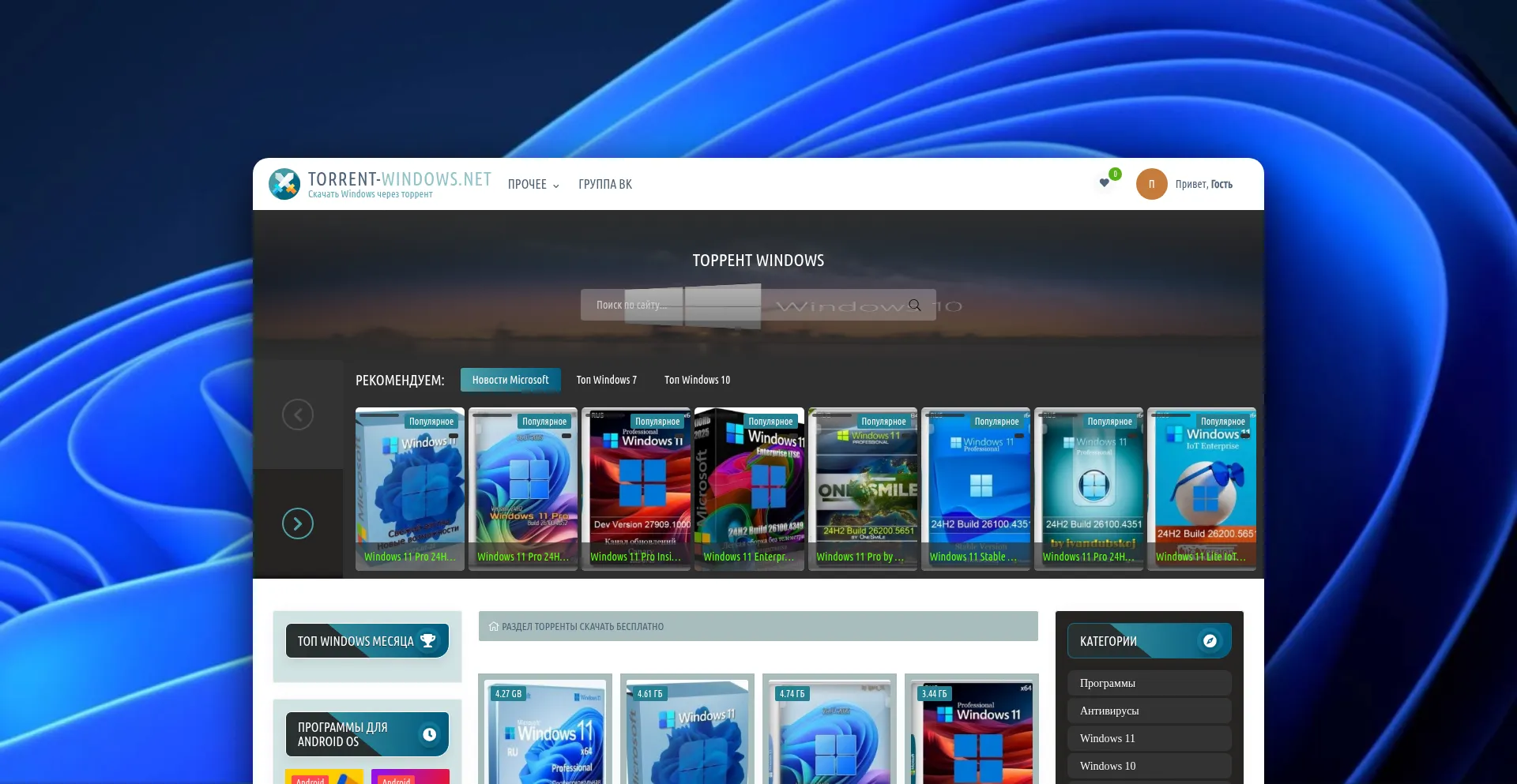 Website screenshot of Torrent-windows.net