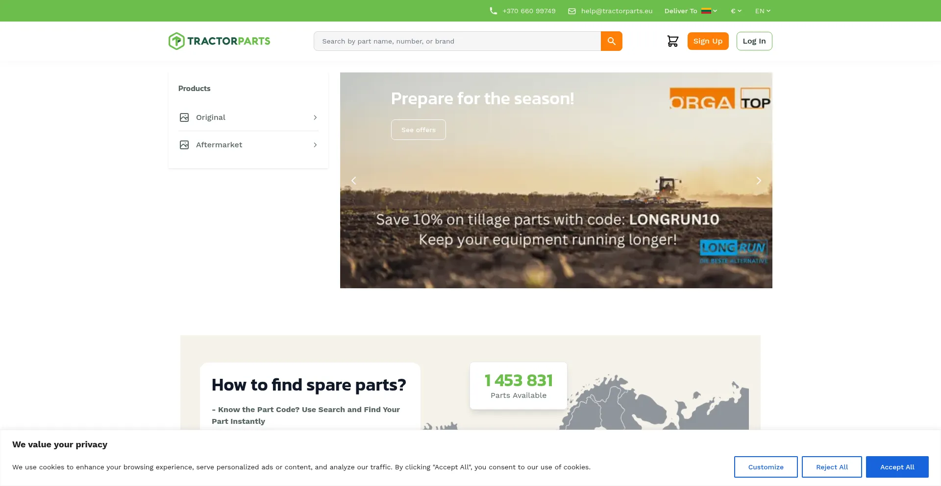 Website screenshot of Tractorparts.eu