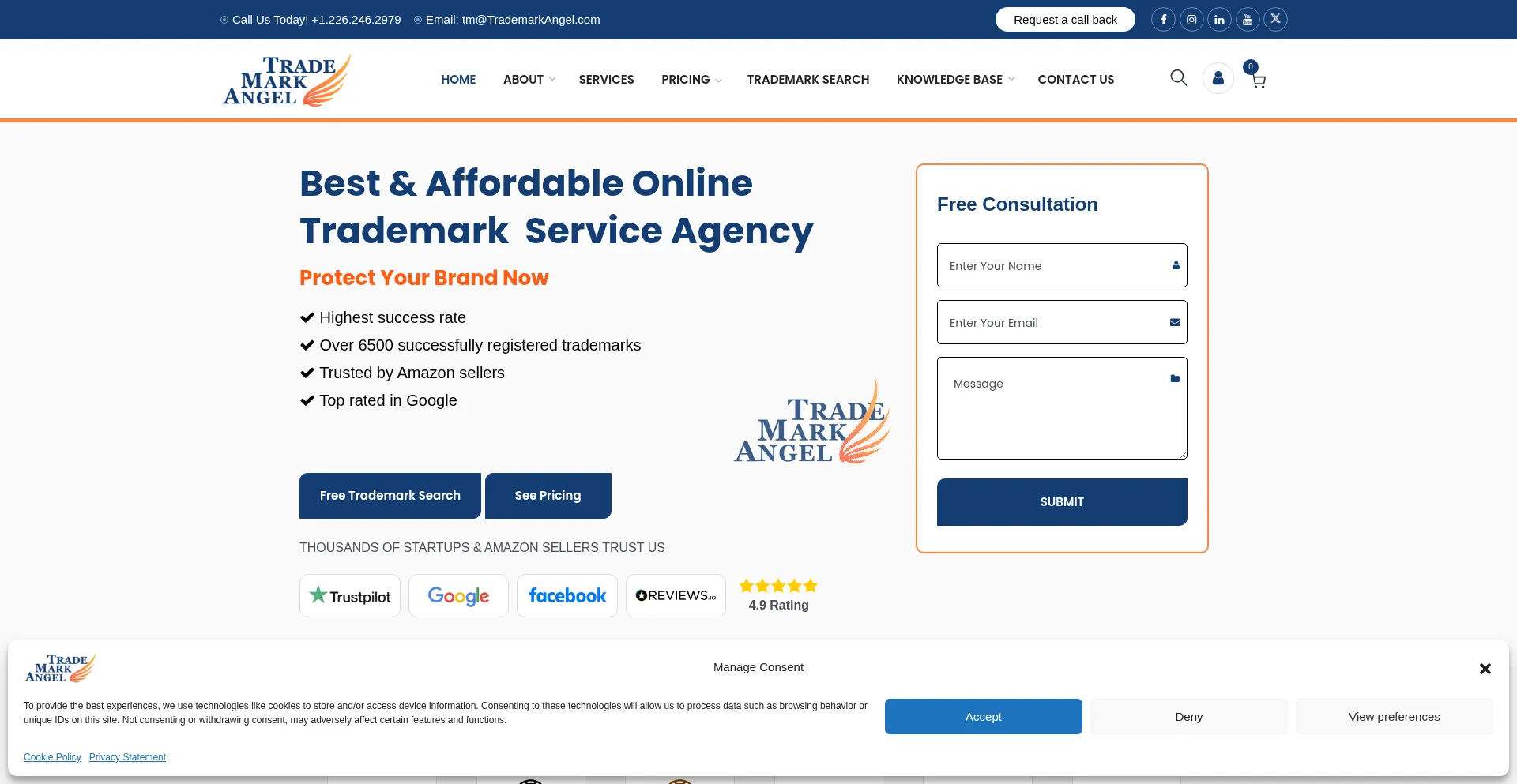 Website screenshot of Trademarkangel.com