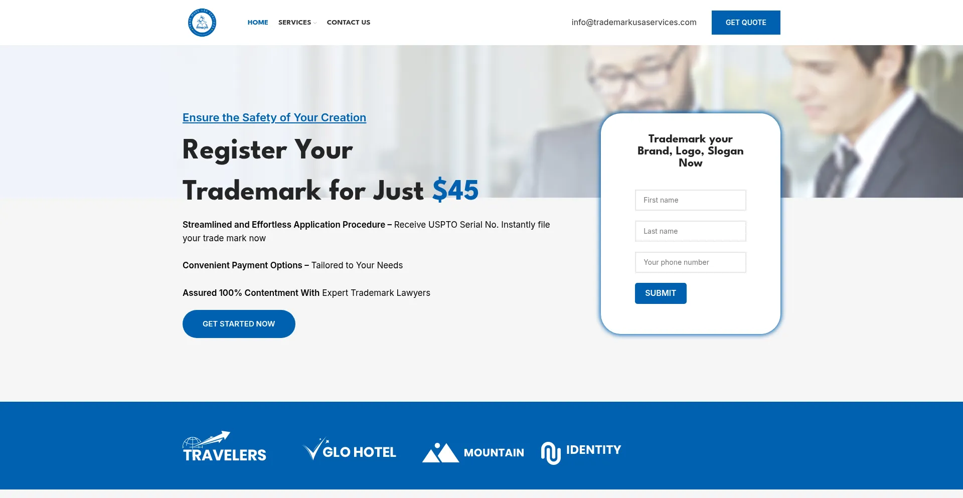 Website screenshot of Trademarkusaservices.com