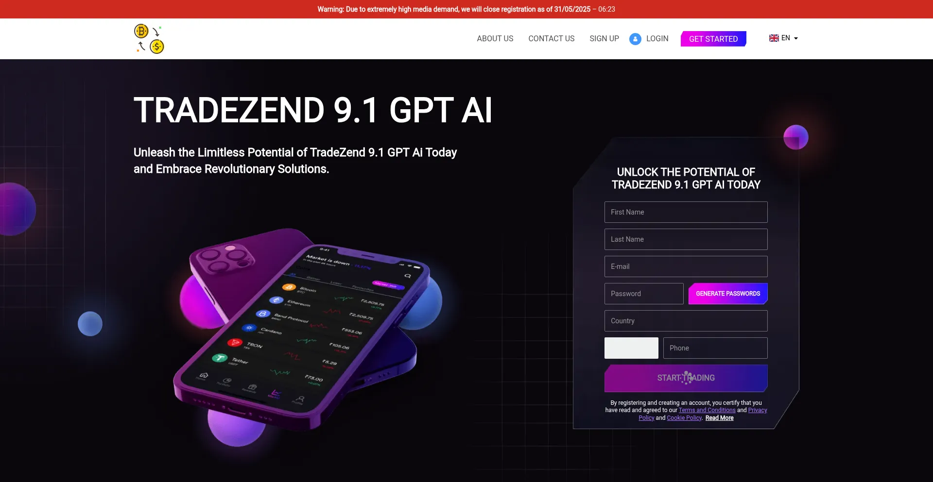 Website screenshot of Tradezend9-gpt-ai.com