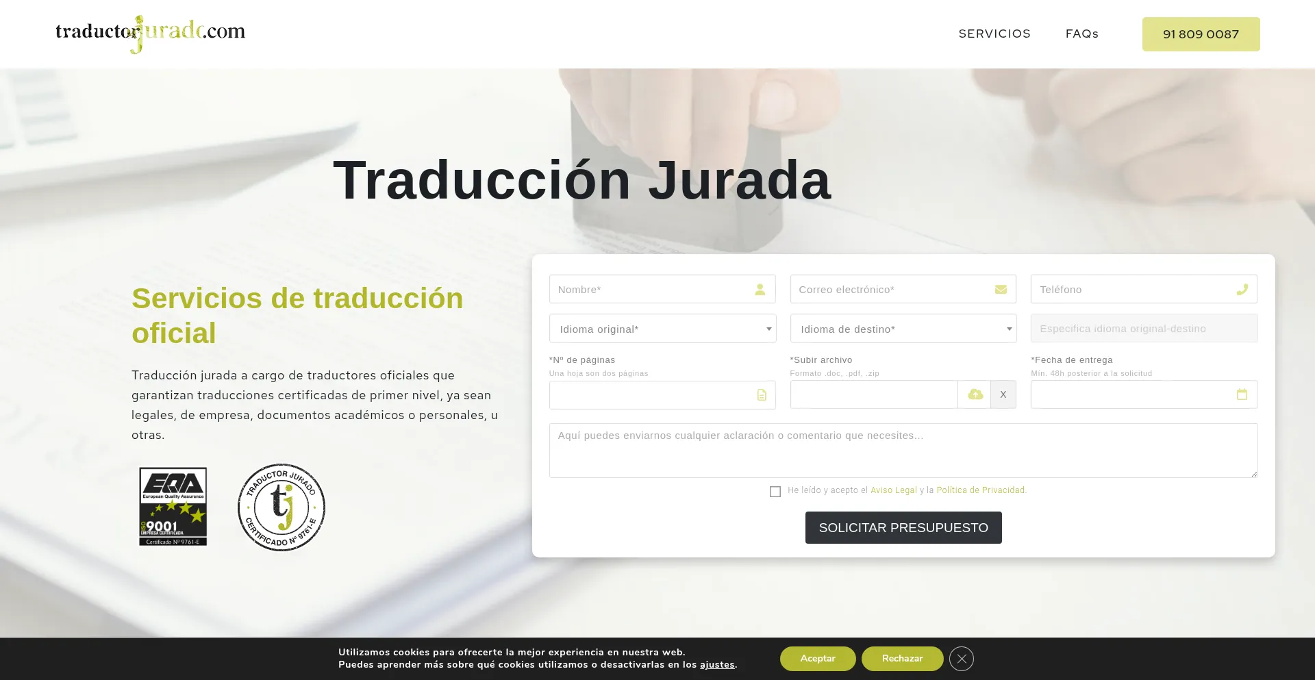 Website screenshot of Traductorjurado.com