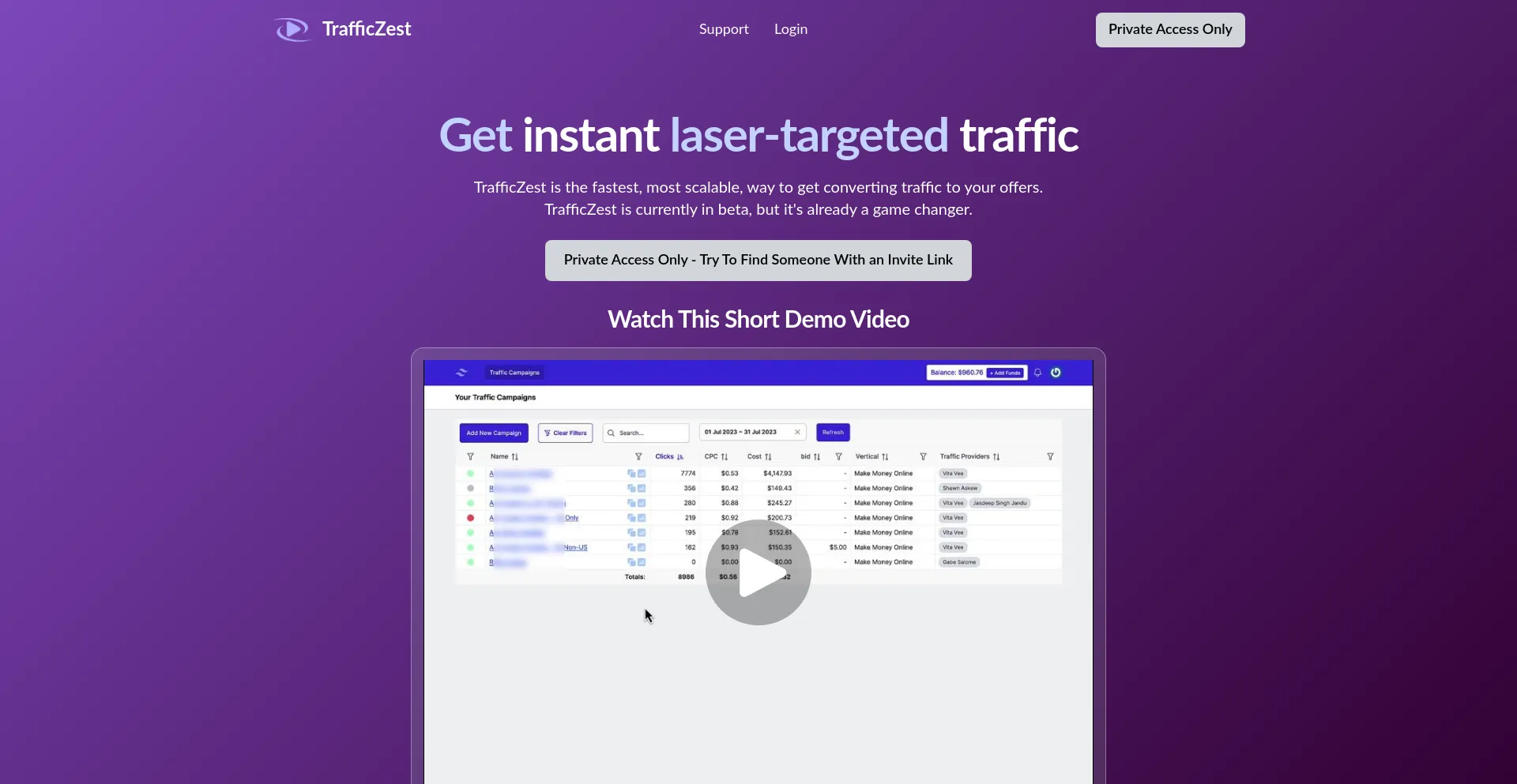 Website screenshot of Trafficzest.com