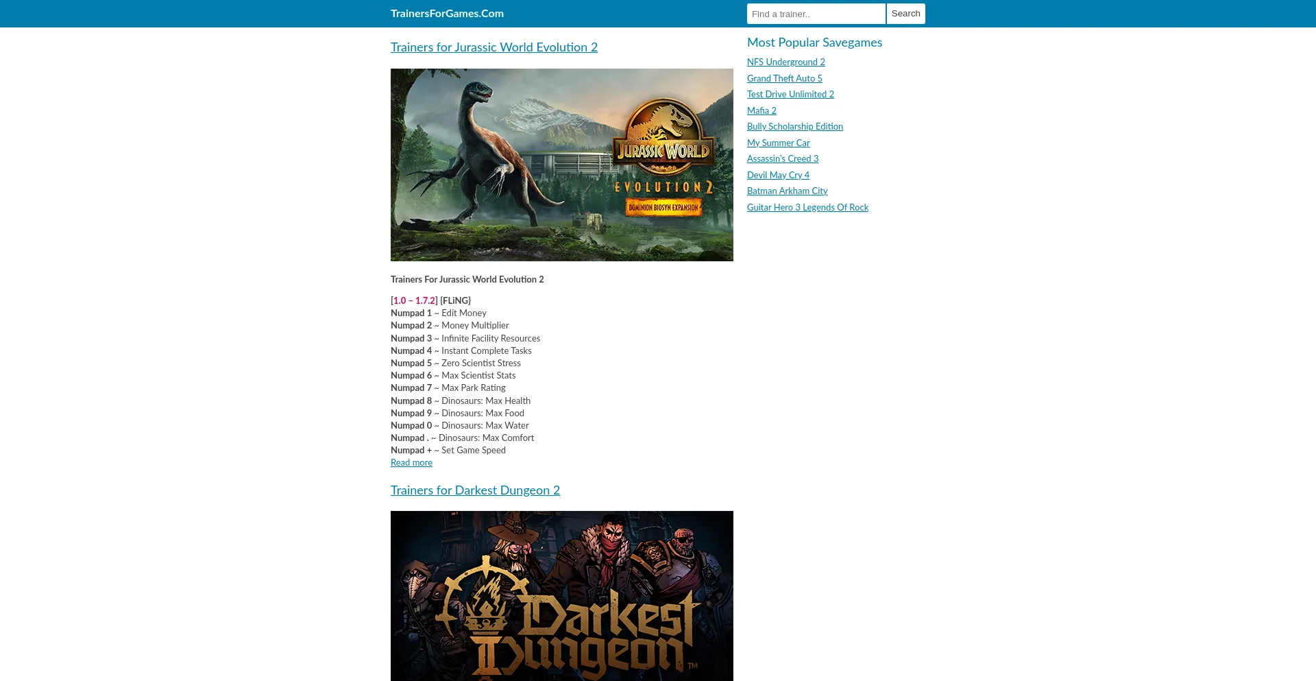 Website screenshot of Trainersforgames.com