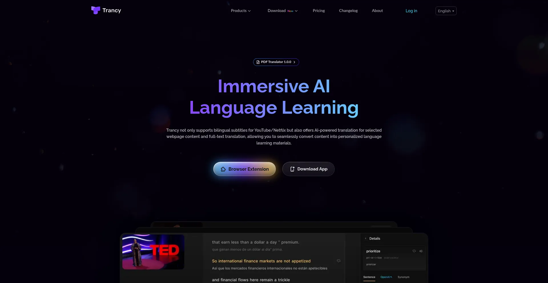 Website screenshot of Trancy.org