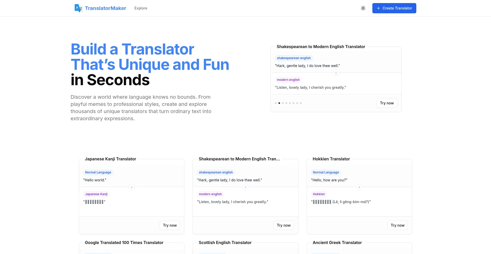 Website screenshot of Translatormaker.com