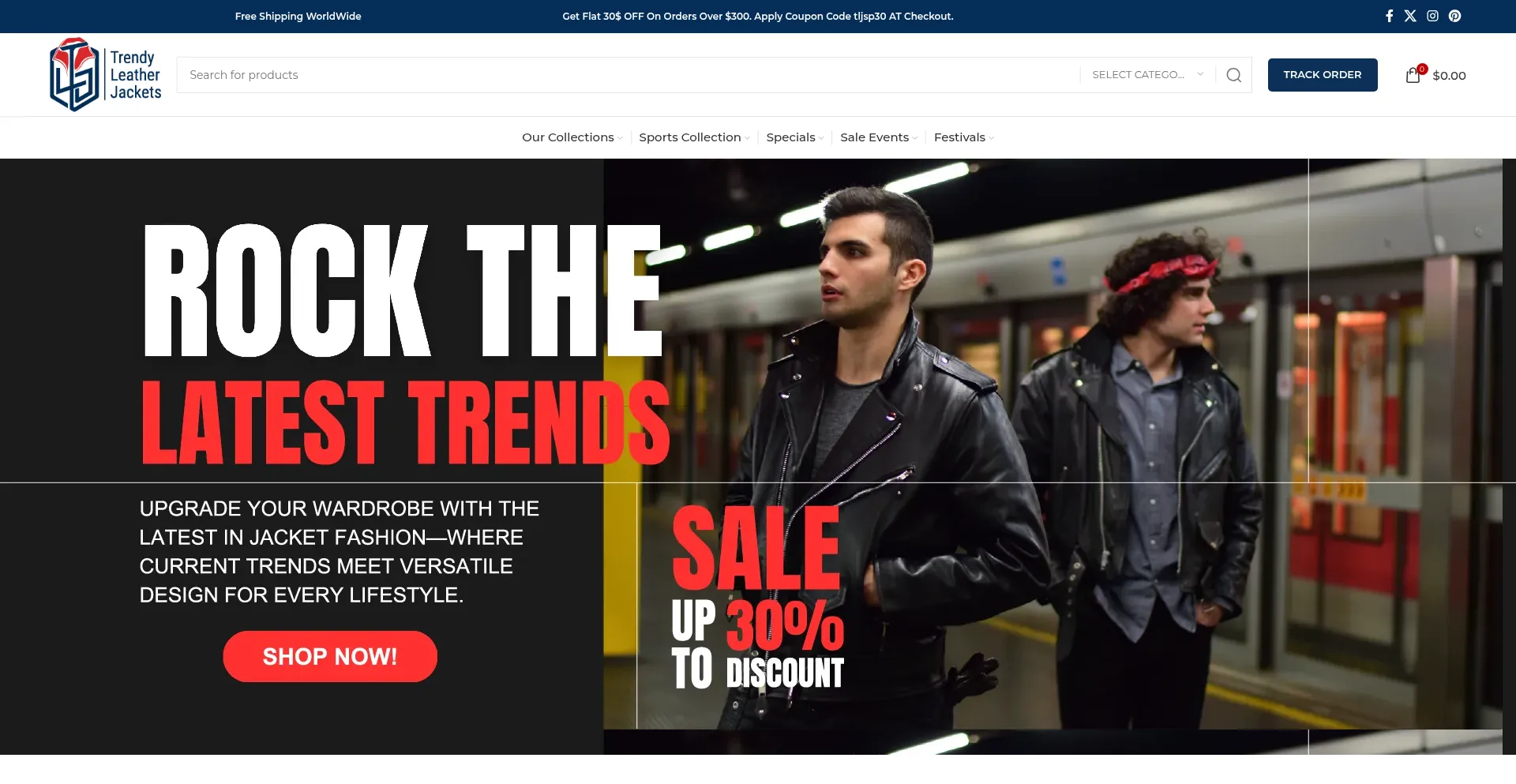 Website screenshot of Trendyleatherjackets.com