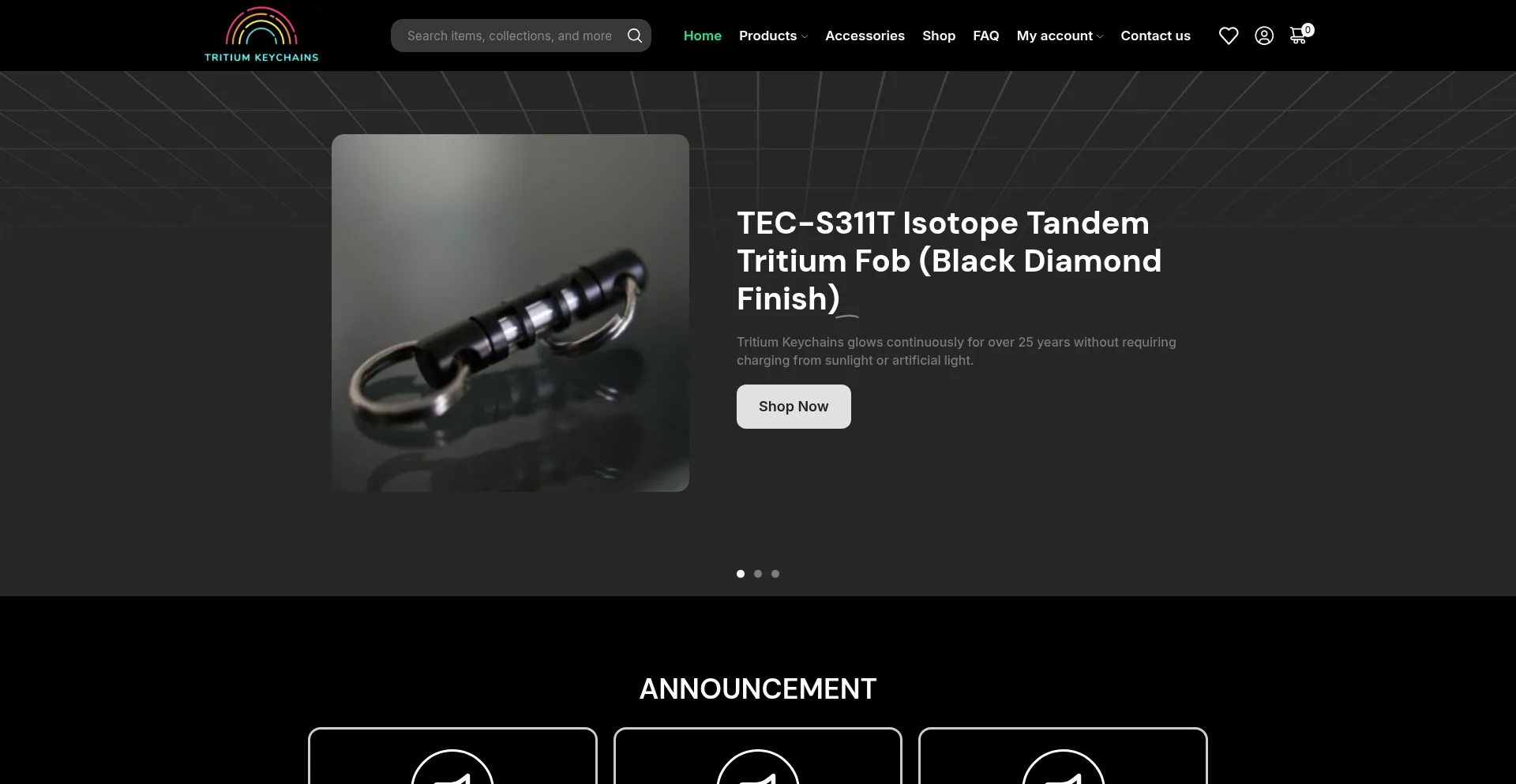Website screenshot of Tritiumkeychains.com