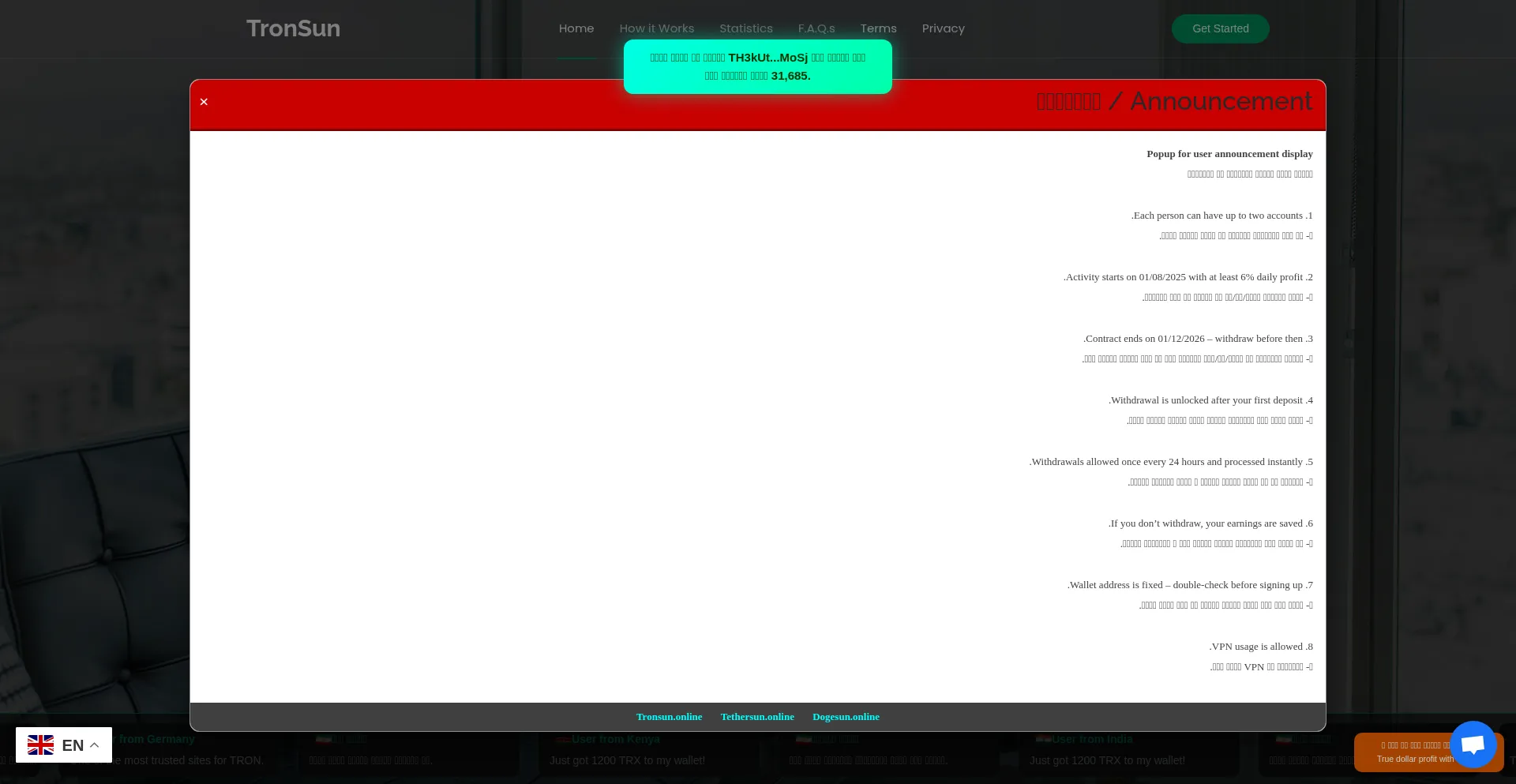 Website screenshot of Tronsun.online