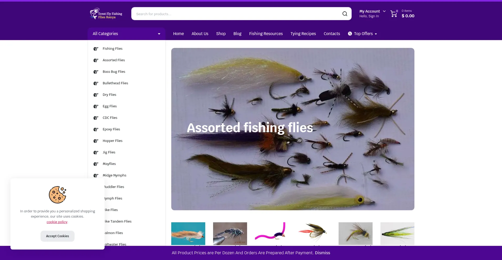 Website screenshot of Troutflyfishingflieskenya.com